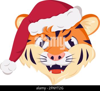 Cute grumpy tiger character, simbol of New Year in a red Christmas cap. Wild animals of africa, face with angry emotions, festive decoration Stock Vector