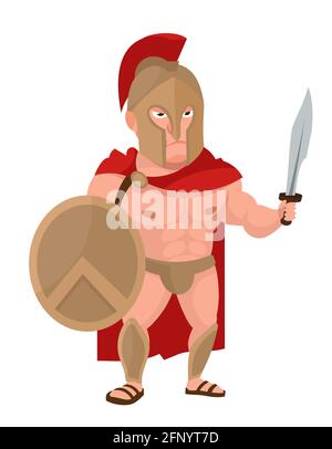 Spartan warrior with shield and sword. Male character in cartoon style. Stock Vector
