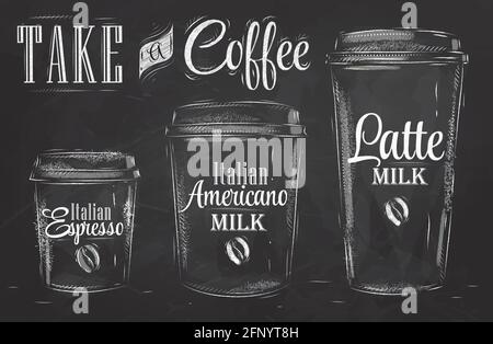 Set of Coffee drinking cup sizes in vintage style stylized drawing with chalk on blackboard. Stock Vector