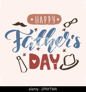 Happy father day lettering calligraphy isolated text. Vector greeting illustration beige, blue, red. EPS 10 Stock Vector