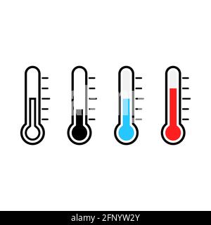 Thermometer icon set. Measurement instrument collection. Weather thermometer with blue, red, black and outline. Stock Vector