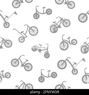 Cute different bicycles silhouettes. Seamless pattern. Kids grey bikes. Healthy lifestyle in black color. Sport vehicle concept Stock Vector