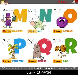 Cartoon illustration of capital letters from alphabet educational set for reading and writing practise for children from M to R Stock Vector