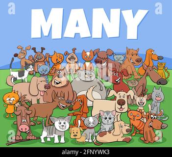 Cartoon illustration of many cats and dogs animal characters group Stock Vector