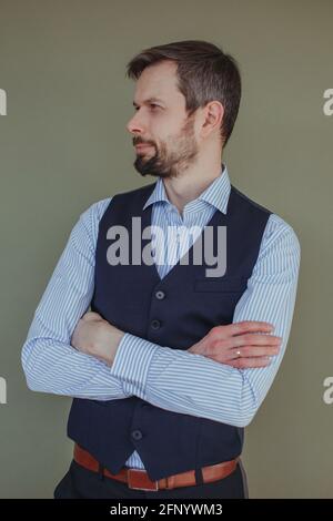 Portrait of man wearing shirt and waistcoat Stock Photo - Alamy
