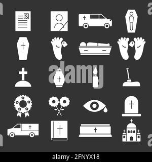 Funeral icon set. Burial elements silhouettes symbol collection. Flat style. Religion concept. Vector isolated Stock Vector