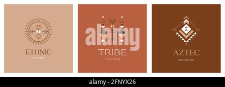 Tribal, ethnic logo design set, Aztec Mexican, African symbols, icons Stock Vector