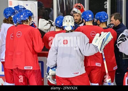 Riga, Latvia. 20th May, 2021. Goalkeeper Simon Hrubec, center, attends a training session of the Czech national team within the 2021 IIHF Ice Hockey World Championship in Riga, Latvia, on May 20, 2021. Credit: Vit Simanek/CTK Photo/Alamy Live News Stock Photo