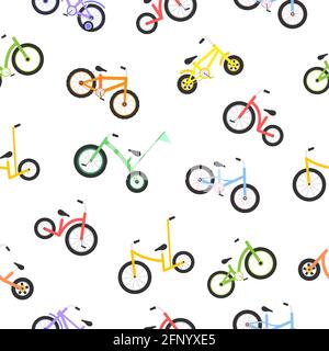 Cute different bicycles seamless pattern. Kids colorful bikes. Healthy lifestyle in different colors. Sport vehicle concept. Vector illustration Stock Vector