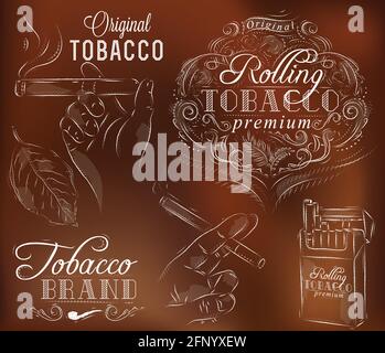 Set collection on tobacco and smoking a pack of cigarettes vintage tobacco leaves hands with a cigarette on a brown background Stock Vector