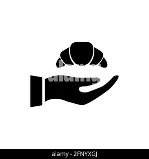Croissant on hand black icon. Food concept. Bakery fresh product black silhouette. Vector isolated on white Stock Vector