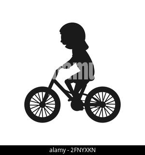 Cute girl riding bike silhouette. Healthy lifestyle in black color concept. Little child rides bicycle. Vector isolated on white Stock Vector