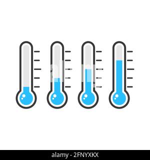 Thermometer icon set. Measurement instrument. Weather thermometer with blue mercury. Medical device with different cold temperature Stock Vector