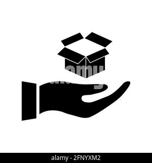 Box in hand icon. Delivery concept. Black silhouette. Open container. Offer symbol. Vector illustration isolated on white Stock Vector