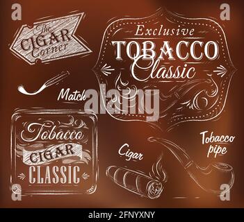 Set collection on tobacco and smoking a pack of cigarettes vintage tobacco cigar, pipe, all smoking on a brown background Stock Vector