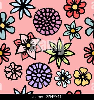 Flowers. Seamless illustration. Cartoon style sketch of meadow. Hand outline drawing plants. vector Stock Vector