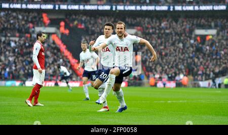 Harry Kane of Spurs (right) celebrates scoring the first goal with Dele Alli of Spurs during the Premier League match between Tottenham Hotspur and Arsenal at Wembley Stadium in London. 10 Feb 2018 Photo Simon Dack / Telephoto Images. - Editorial use only. No merchandising. For Football images FA and Premier League restrictions apply inc. no internet/mobile usage without FAPL license - for details contact Football Dataco Stock Photo