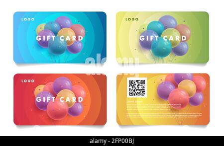 Set of gift voucher cards with illustration of 3d round shaped balloons in a bunch in different colors, bright isolated graphic element Stock Vector