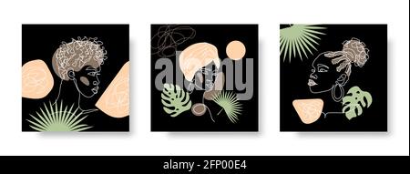 Black people social media templates for stories. Afro women, african girls with tropical palm tree leaves on black background. Vector set for wall art Stock Vector