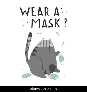 Surprised cat color flat hand drawn vector character. Quote I wear a mask of handwritten letters.Cute naughty cat holding a medical mask in its paws Stock Vector