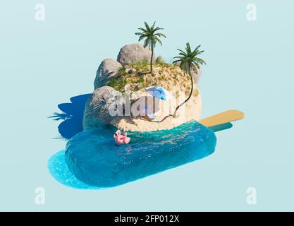 minimalistic scene of an ocean-shaped ice cream and a small beach with palm trees and holiday accessories. 3d render Stock Photo