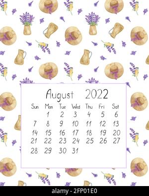 Calendar page the year 2022 for August watercolor floral seamless illustration, printable page, hand drawn pattern of French Provence lavender flowers Stock Photo