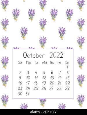 Calendar page the year 2022 for October watercolor floral seamless illustration, printable page, hand drawn pattern of French Provence lavender flower Stock Photo