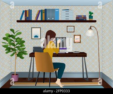 Vector file of woman working in her home office, waiting for online meeting to start. All elements are on separate layers. Stock Vector