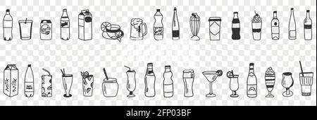 Various drinks collection doodle set. Collection of hand drawn cocktails milk beer milkshake tea coffee lemonade soda juice for drinking in rows isolated on transparent background  Stock Vector
