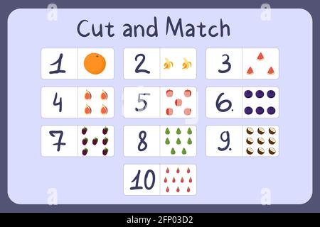 Flash cards with numbers for kids, set 1. Cut and match pictures with numbers and fruits. Illustration for educational math game design. Printable worksheet. Cartoon vector template. Stock Vector