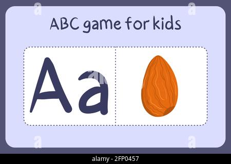 Kid alphabet mini games in cartoon style with letter A - almond. Vector illustration for game design - cut and play. Stock Vector
