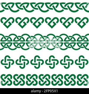 Irish Celtic vector green knots and braids - seamless patterns collection, border and frame design, perfect for greeting cards, St Patrick's Day celeb Stock Vector