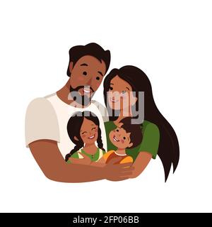 Happy African American or Latin family with dark skin and black hair together. International family day. Dad hugs mom and children. A group of people Stock Vector