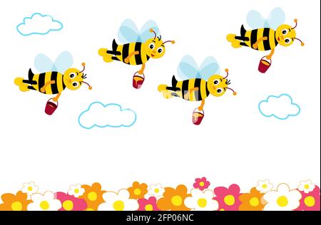 Many cute bees fly with honey over flowers. Happy bees and one sad without honey. Smiling cartoon character bee. Vector illustration on white backgrou Stock Vector
