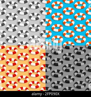 set of seamless patterns with red white life buoy. Ornament for decoration and printing on fabric. Design element. Vector Stock Vector