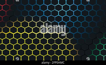Colored lights and black hexagon background Stock Vector