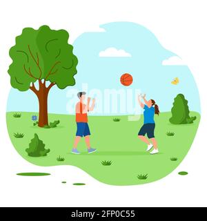Vector illustration People playing volleyball in nature. Summer vacations outdoor. Having Fun. Sport games in city park. Physical activity outdoors. D Stock Vector