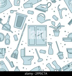 Vector Seamless pattern Illustration Cleaning Maid service Housekeeping Ironing Washing window Laundry Watering plant Mop Clean lavatory Professional Stock Vector