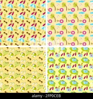 Set of summer beach seamless patterns on a yellow sand backgrounds with umbrella, palm tree, flip flops, sun hat and bag Stock Vector