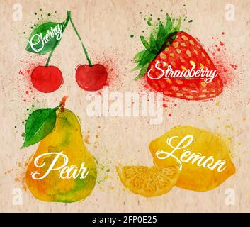 Fruit set drawn watercolor blots and stains with a spray cherry, lemon, strawberry, pear in kraft Stock Vector