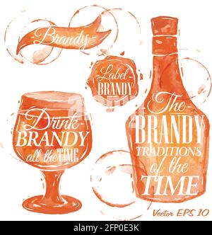 Pointer drawn pour brandy with lettering, splashes and blots prints bottle, glass, stamp. Stock Vector