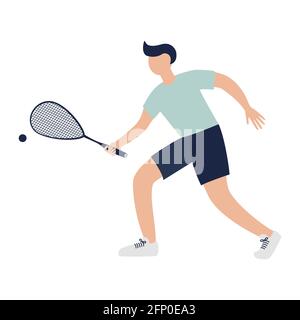 Sports concept. Cartoon athlete character with a racket in his hand, flat icon Stock Vector