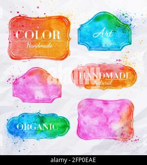 Set watercolor labels design elements, vintage frame handmade aquarelle Stock Vector