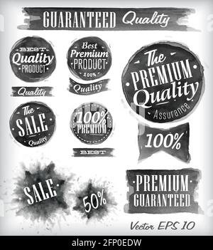 Set of watercolor Old Premium Quality Badges collection stylized watercolor brush strokes of black vector 10 Stock Vector