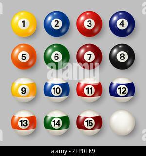 Colorful billiard, pool balls with numbers on gray background. Realistic glossy snooker ball. Vector illustration. Stock Vector