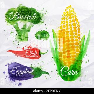 Vegetables set drawn watercolor blots and stains with a spray corn, broccoli, chili, eggplant Stock Vector