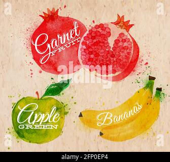 Fruit set drawn watercolor blots and stains with a spray banana, pomegranate, apple green in kraft Stock Vector