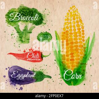 Vegetables set drawn watercolor blots and stains with a spray corn, broccoli, chili, eggplant on kraft paper Stock Vector