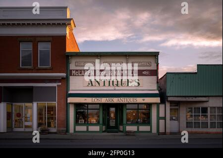 Nanton, Alberta - May 7, 2021: Facade of historical buildings in the historic town of Nanton. Stock Photo