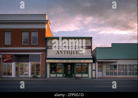 Nanton, Alberta - May 7, 2021: Facade of historical buildings in the historic town of Nanton. Stock Photo